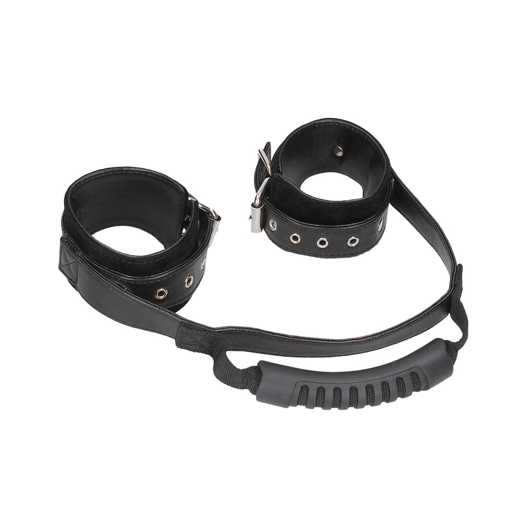 Bonded Leather Hand Cuffs With Handle - With Adjustable Straps